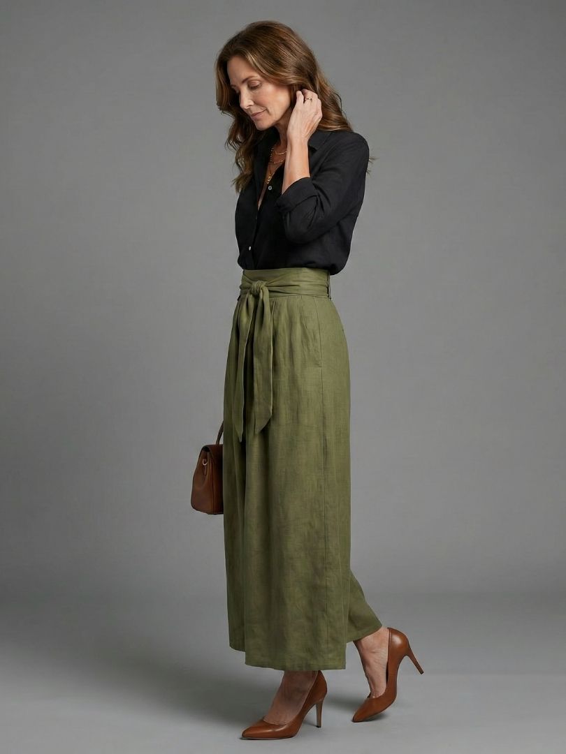 Vera™ Two Piece Set Black Blouse Olive Green Midi Skirt