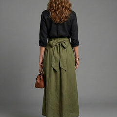 Vera™ Two Piece Set Black Blouse Olive Green Midi Skirt
