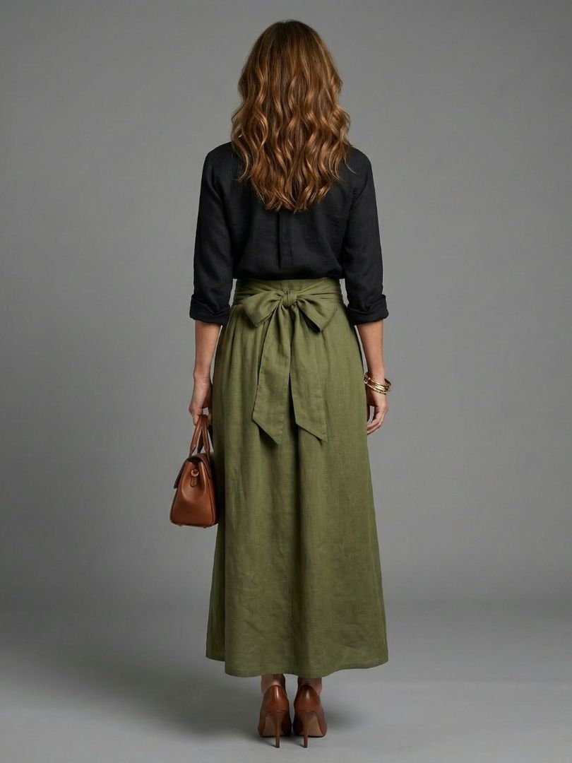 Vera™ Two Piece Set Black Blouse Olive Green Midi Skirt