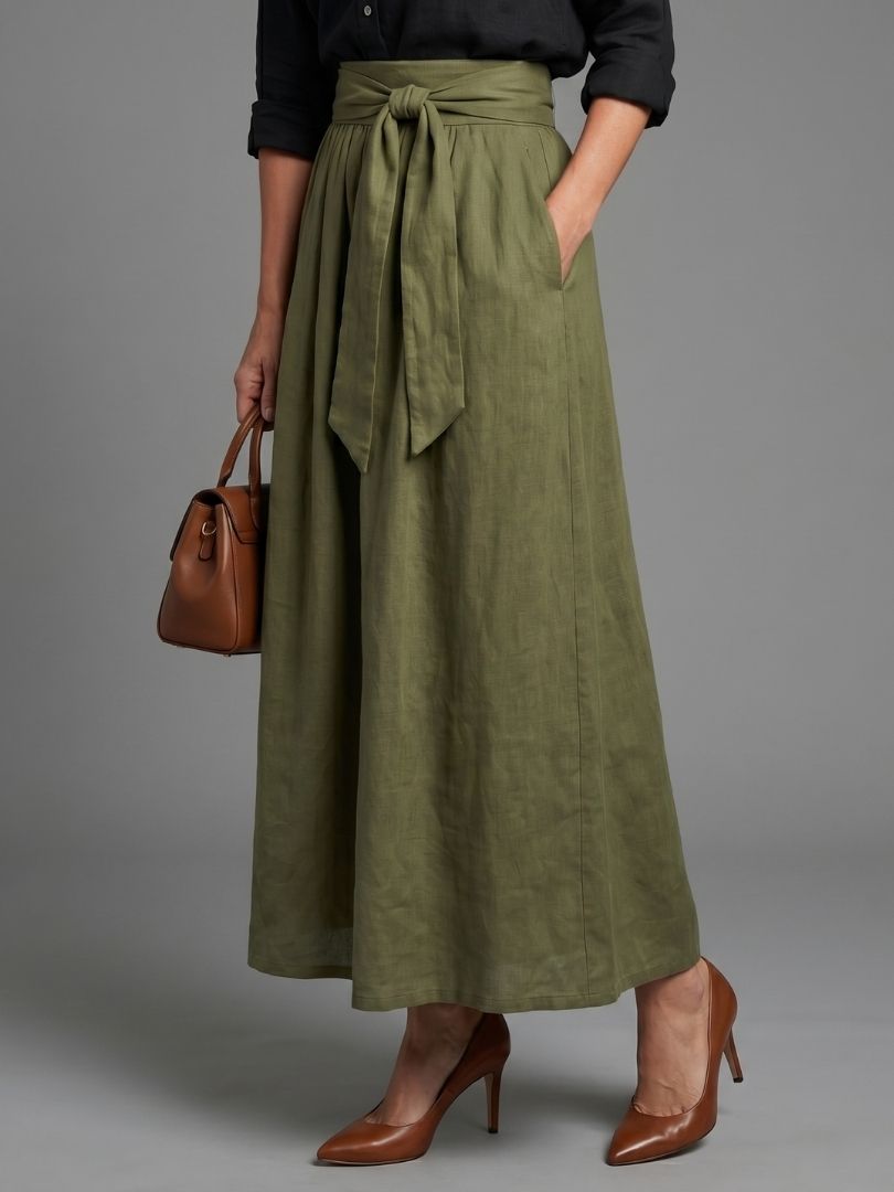 Vera™ Two Piece Set Black Blouse Olive Green Midi Skirt