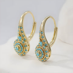 Turquoise Mosaic Teardrop Gold Earrings