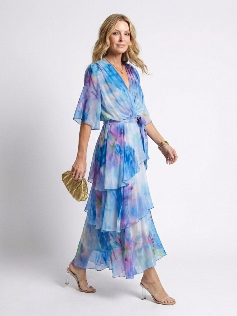 Calista™ Sheer Layered V Neck Tie Waist Maxi Dress