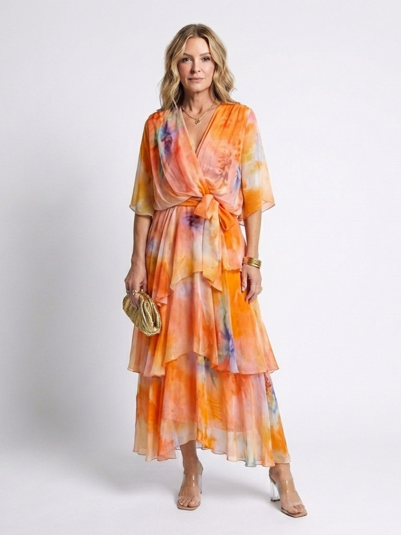 Calista™ Sheer Layered V Neck Tie Waist Maxi Dress