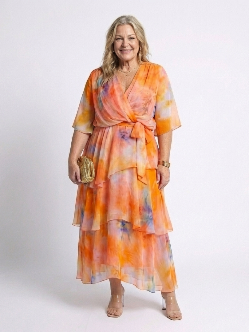 Calista™ Sheer Layered V Neck Tie Waist Maxi Dress