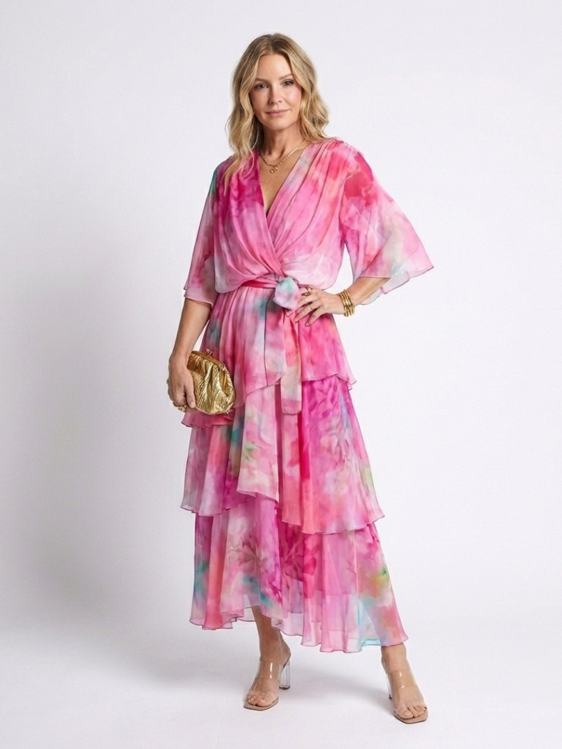 Calista™ Sheer Layered V Neck Tie Waist Maxi Dress