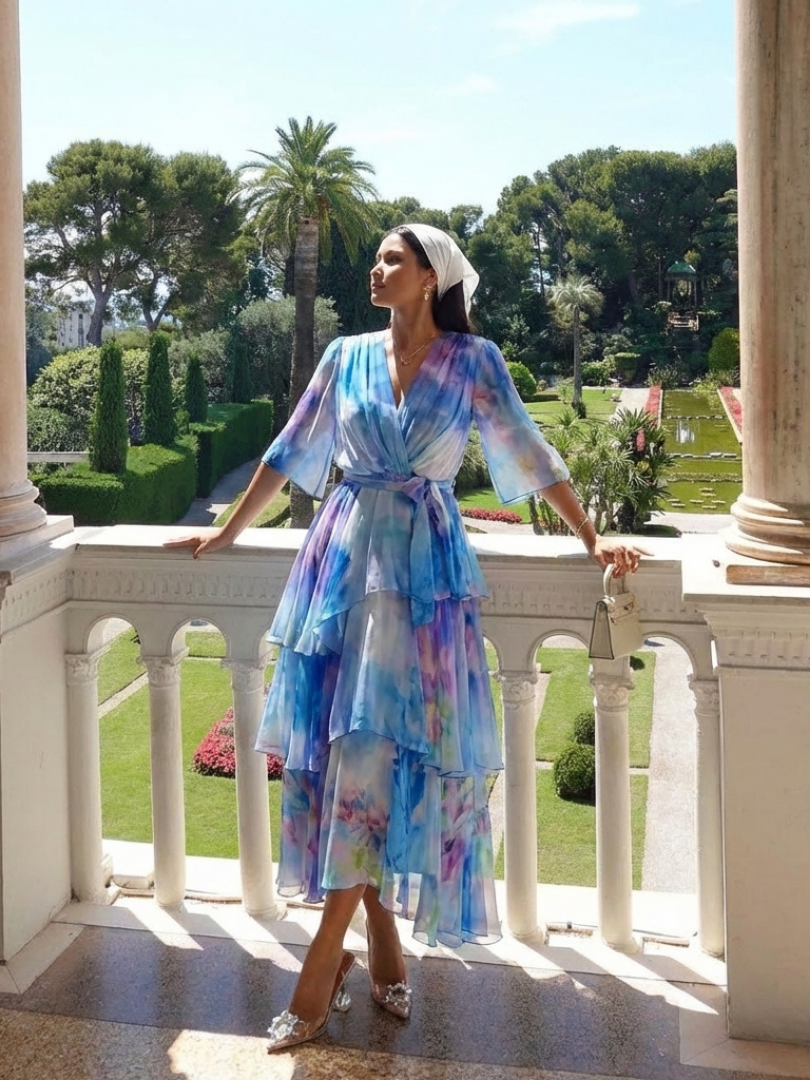 Calista™ Sheer Layered V Neck Tie Waist Maxi Dress