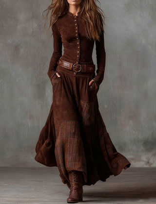 Natasha™ Vintage Plaid Suede Maxi Dress