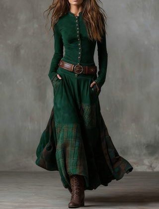 Natasha™ Vintage Plaid Suede Maxi Dress