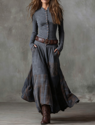Natasha™ Vintage Plaid Suede Maxi Dress