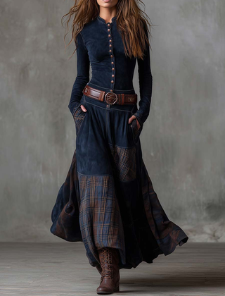 Natasha™ Vintage Plaid Suede Maxi Dress