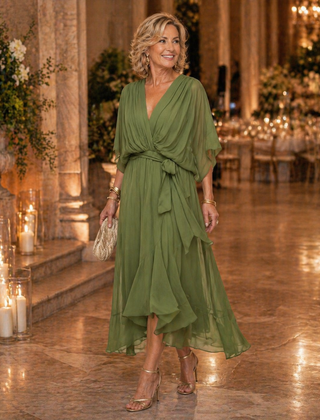 Lucille™ Elegant V-Neck Midi Dress