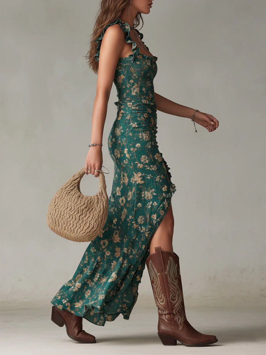Giselle™ Bohemian Printed Maxi Dress with Ruffled Sleeves