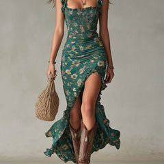 Giselle™ Bohemian Printed Maxi Dress with Ruffled Sleeves