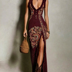 Héloïse™ Bohemian Style Printed Dress with Deep V-Neck and High Split