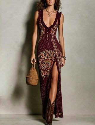 Héloïse™ Bohemian Style Printed Dress with Deep V-Neck and High Split