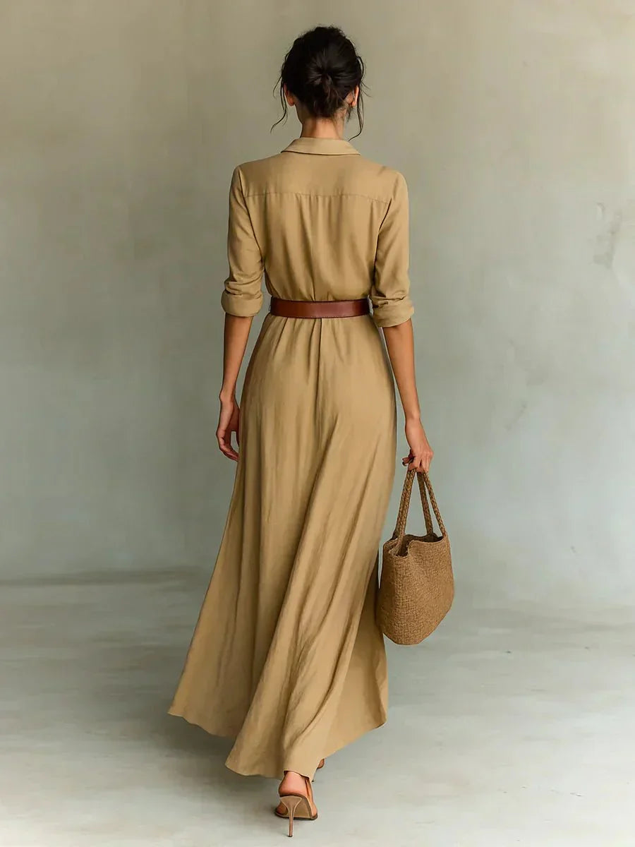 Camille™ Maxi Dress with Lapels and Belt At the Waist