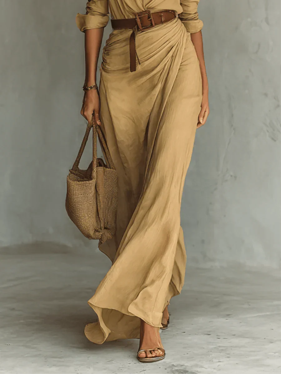 Camille™ Maxi Dress with Lapels and Belt At the Waist