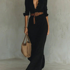 Camille™ Maxi Dress with Lapels and Belt At the Waist