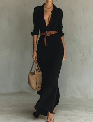 Camille™ Maxi Dress with Lapels and Belt At the Waist