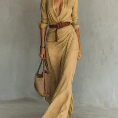 Camille™ Maxi Dress with Lapels and Belt At the Waist