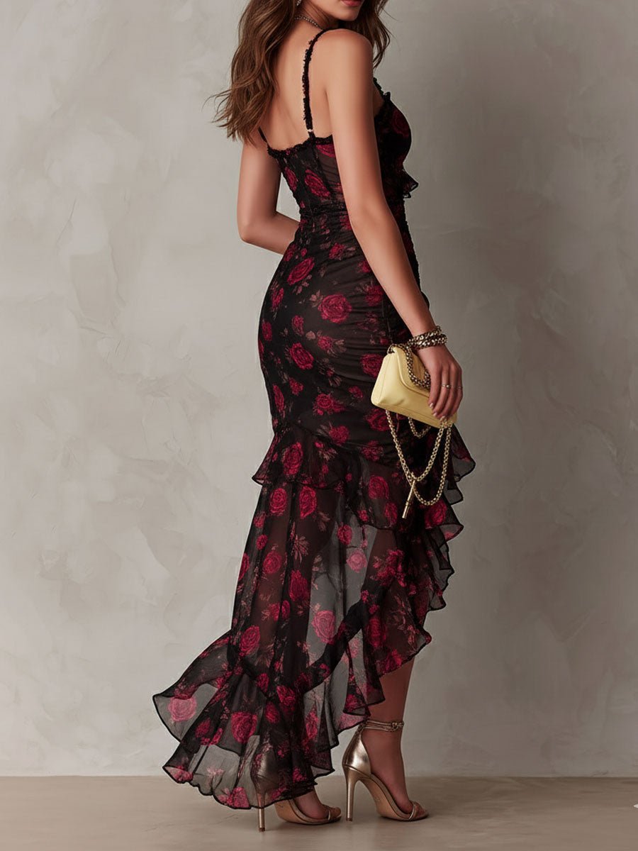 Delphine™ Chic Flower Ruffle Hem Dress