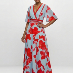 Corinne™ V Neck Short Sleeve Floral Maxi Dress