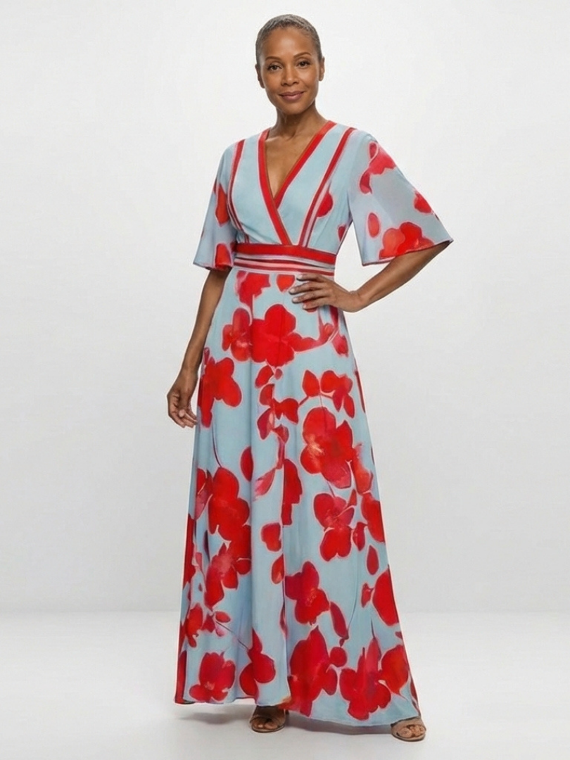Corinne™ V Neck Short Sleeve Floral Maxi Dress