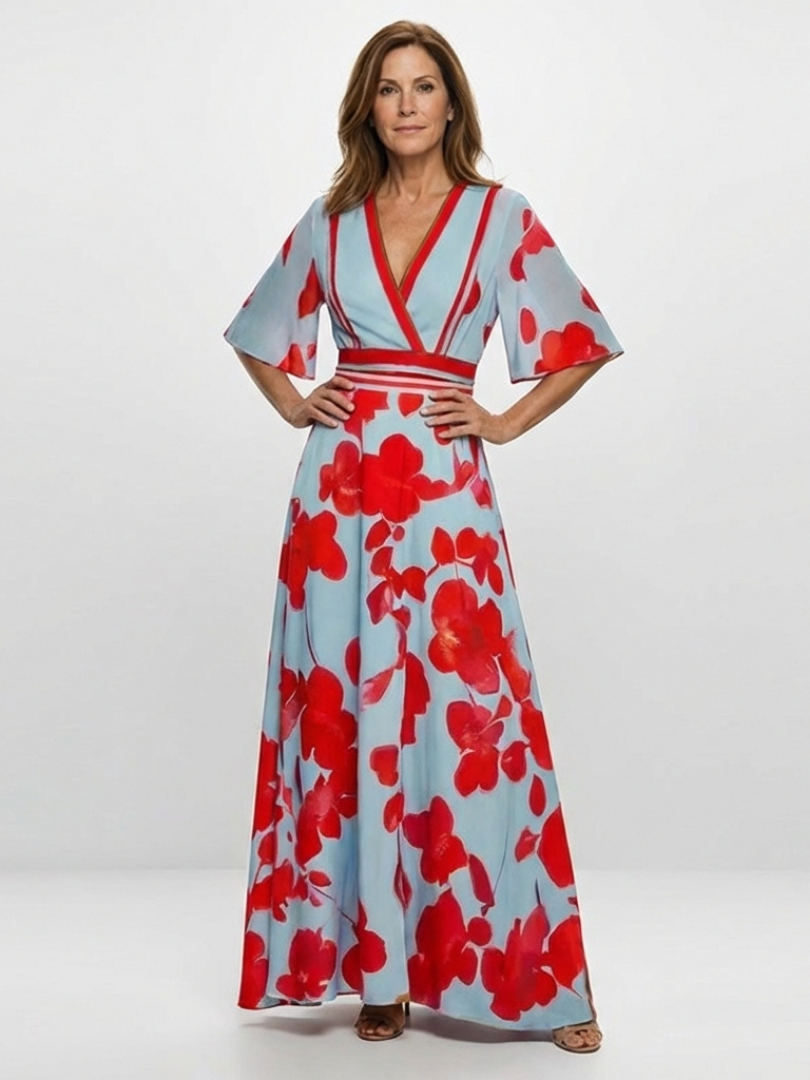 Corinne™ V Neck Short Sleeve Floral Maxi Dress