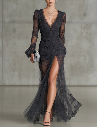Eloise™ Ruffle Sheer Long Sleeve Split Maxi Dress