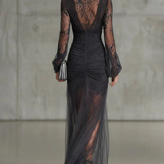Eloise™ Ruffle Sheer Long Sleeve Split Maxi Dress