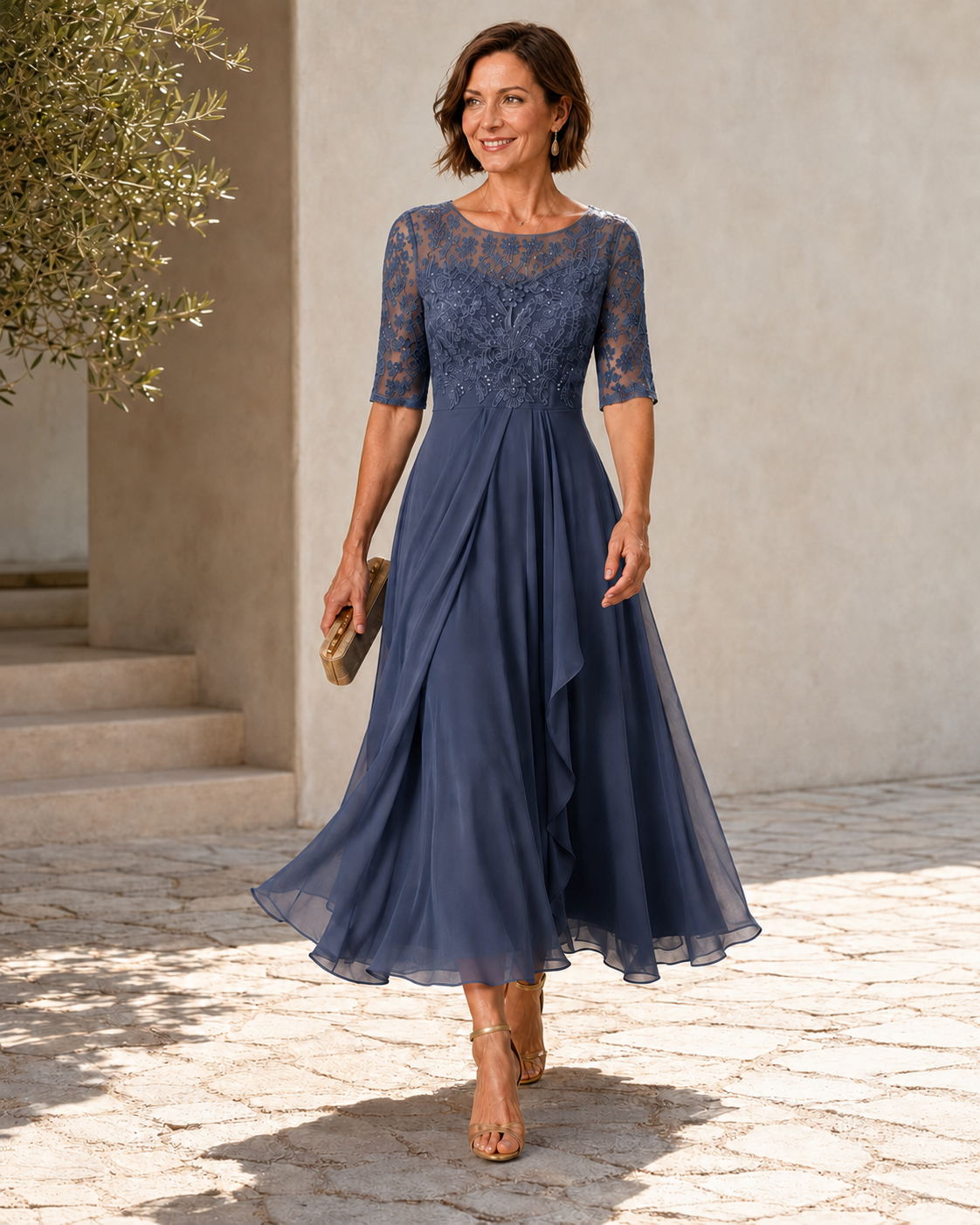 Avi Lace Bodice Draped Midi Dress