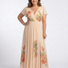 Calista™ V Neck Short Sleeve Pleated Floral Maxi Dress