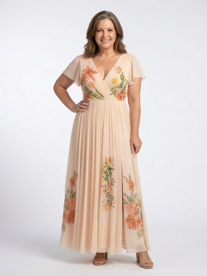Calista™ V Neck Short Sleeve Pleated Floral Maxi Dress