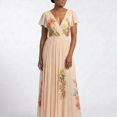 Calista™ V Neck Short Sleeve Pleated Floral Maxi Dress