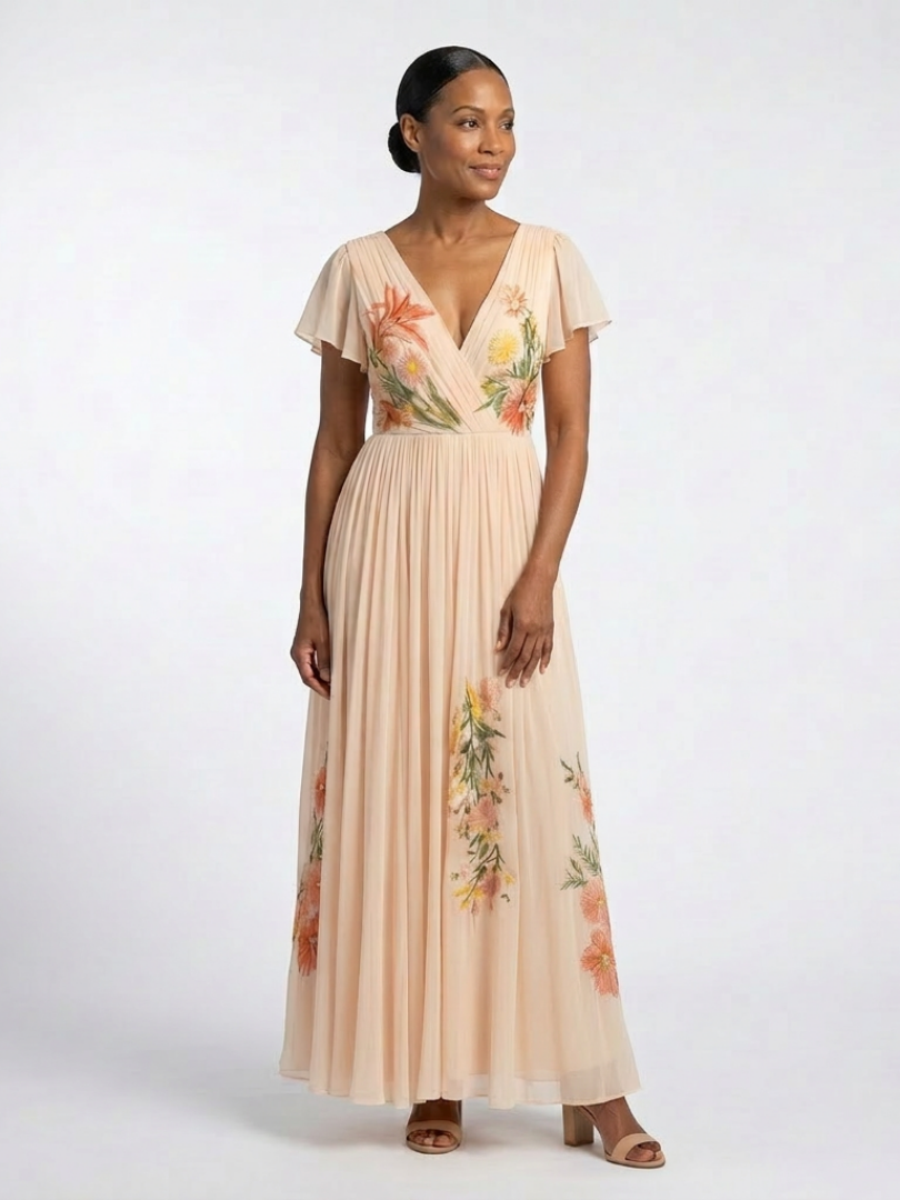Calista™ V Neck Short Sleeve Pleated Floral Maxi Dress