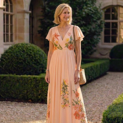 Calista™ V Neck Short Sleeve Pleated Floral Maxi Dress