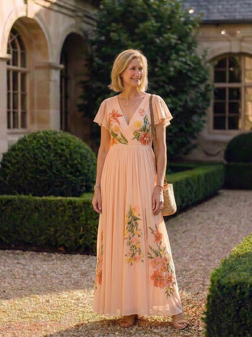 Calista™ V Neck Short Sleeve Pleated Floral Maxi Dress