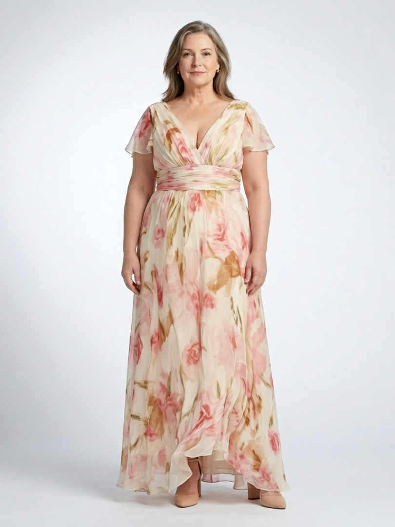 Elara™ V Neck Short Sleeve Floral Maxi Dress