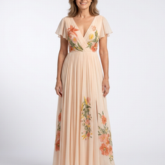Calista™ V Neck Short Sleeve Pleated Floral Maxi Dress