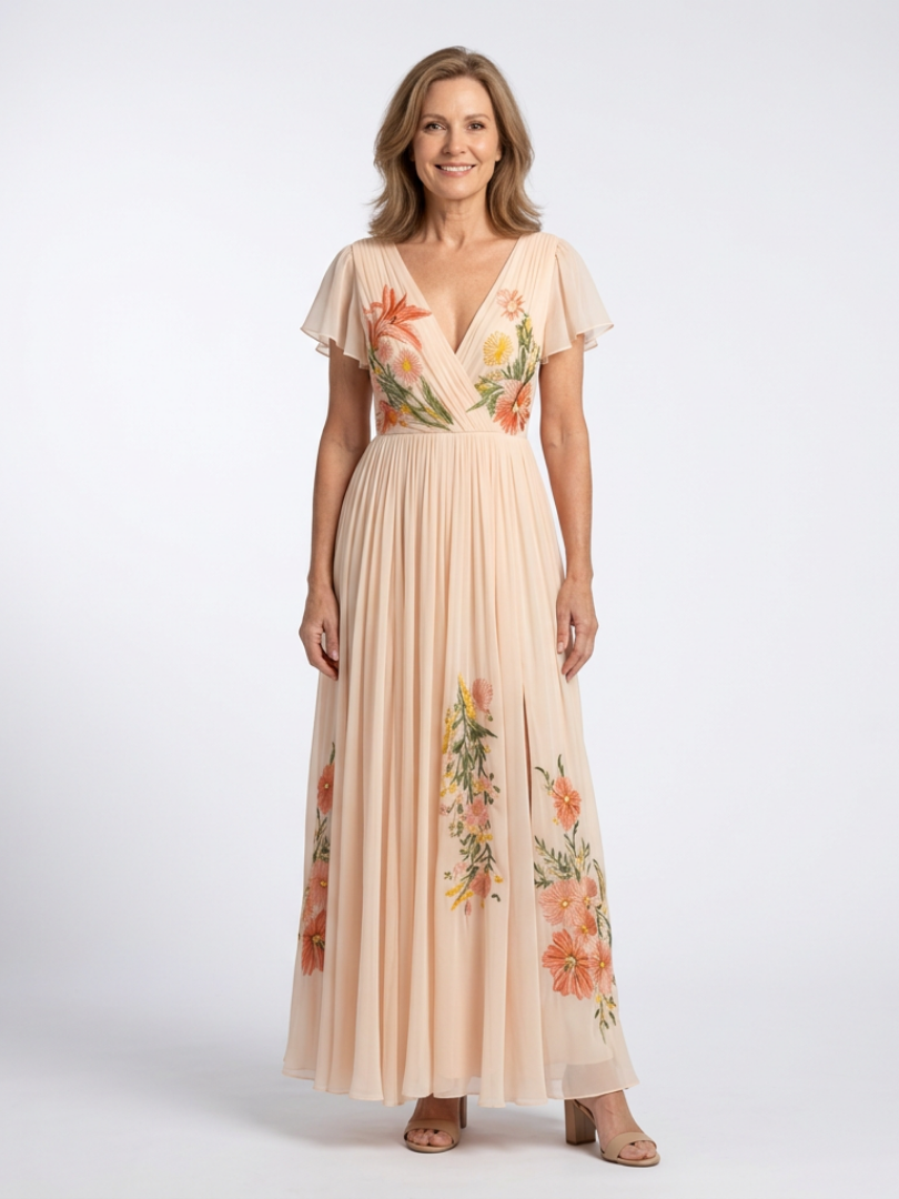 Calista™ V Neck Short Sleeve Pleated Floral Maxi Dress