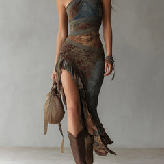 Cosette™ Ethnic Style Printed Maxi Dress with One Shoulder and High Split