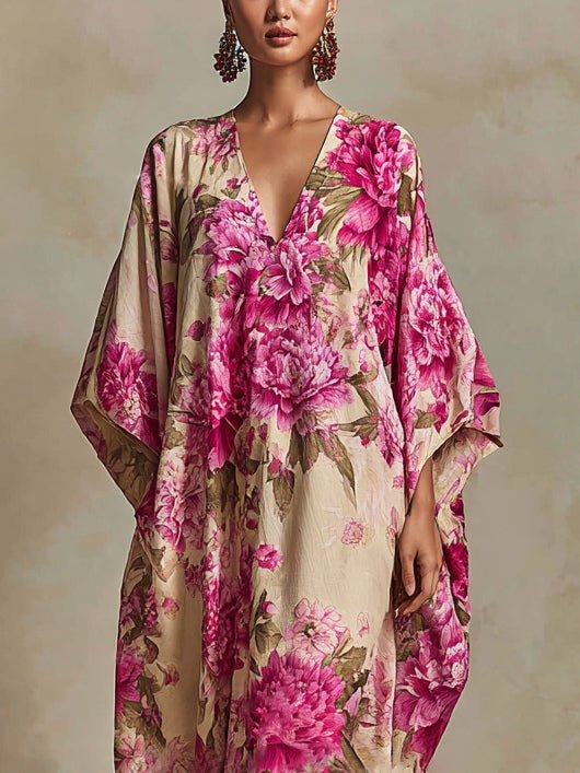 Elara™ Floral Art Resort V-neck Batwing Sleeve Kaftan Maxi Dress