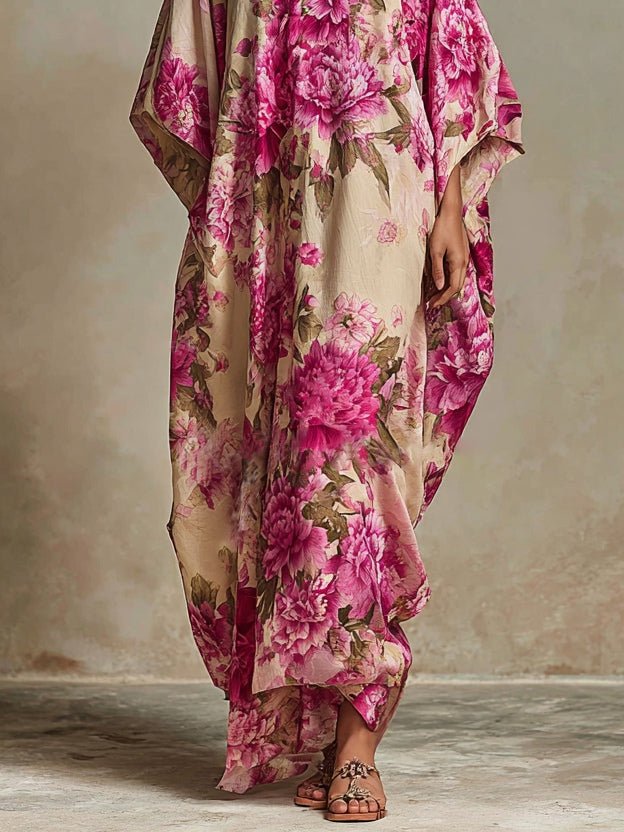 Elara™ Floral Art Resort V-neck Batwing Sleeve Kaftan Maxi Dress