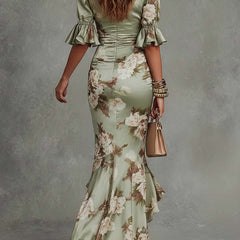Léonie™ Floral Ruffle Bell Sleeve V-Neck Asymmetrical Maxi Dress