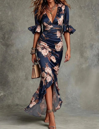 Léonie™ Floral Ruffle Bell Sleeve V-Neck Asymmetrical Maxi Dress