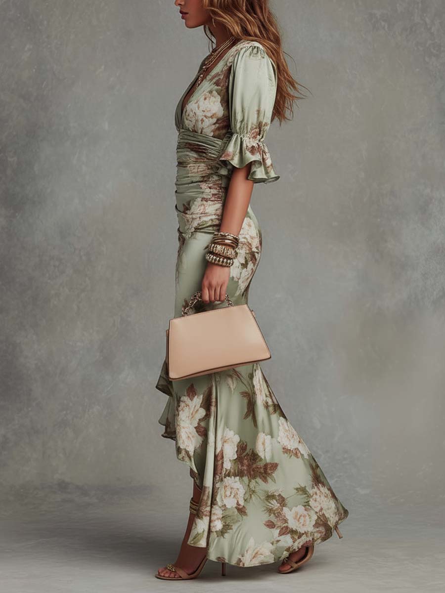 Léonie™ Floral Ruffle Bell Sleeve V-Neck Asymmetrical Maxi Dress