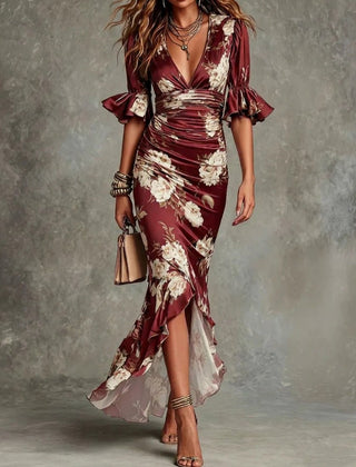 Léonie™ Floral Ruffle Bell Sleeve V-Neck Asymmetrical Maxi Dress