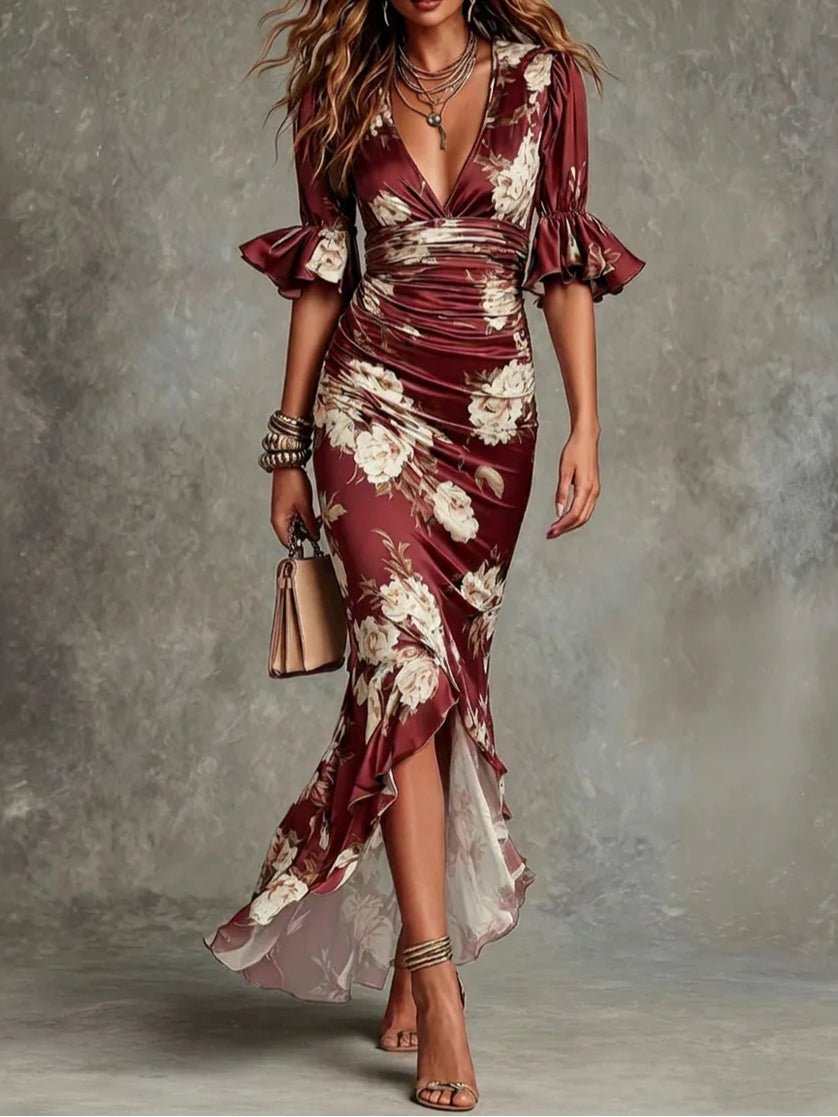 Léonie™ Floral Ruffle Bell Sleeve V-Neck Asymmetrical Maxi Dress