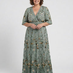 Evadne™ Floral V Neck Short Sleeve Maxi Dress
