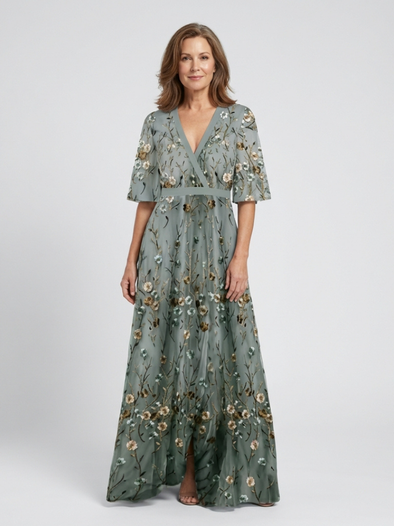 Rosalind™ Floral V Neck Short Sleeve Maxi Dress